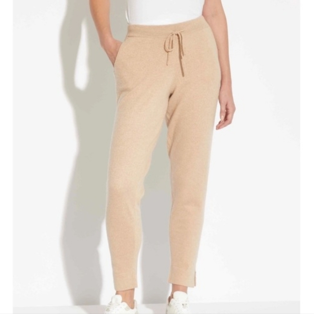 Magaschoni 100% Cashmere Jogger Sweat Pants Tan Split Hem Drawstring Size M